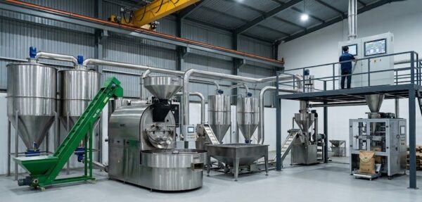 Một dây chuyền rang cà phê đúng nghĩa được tổ chức như một quy trình khép kín, từ nạp liệu, rang, xử lý sau rang đến trộn, xay và đóng gói... Giá trị của hệ thống không nằm ở từng thiết bị riêng lẻ, mà ở cách chúng được tổ chức thành một quy trình sản xuất liên tục.