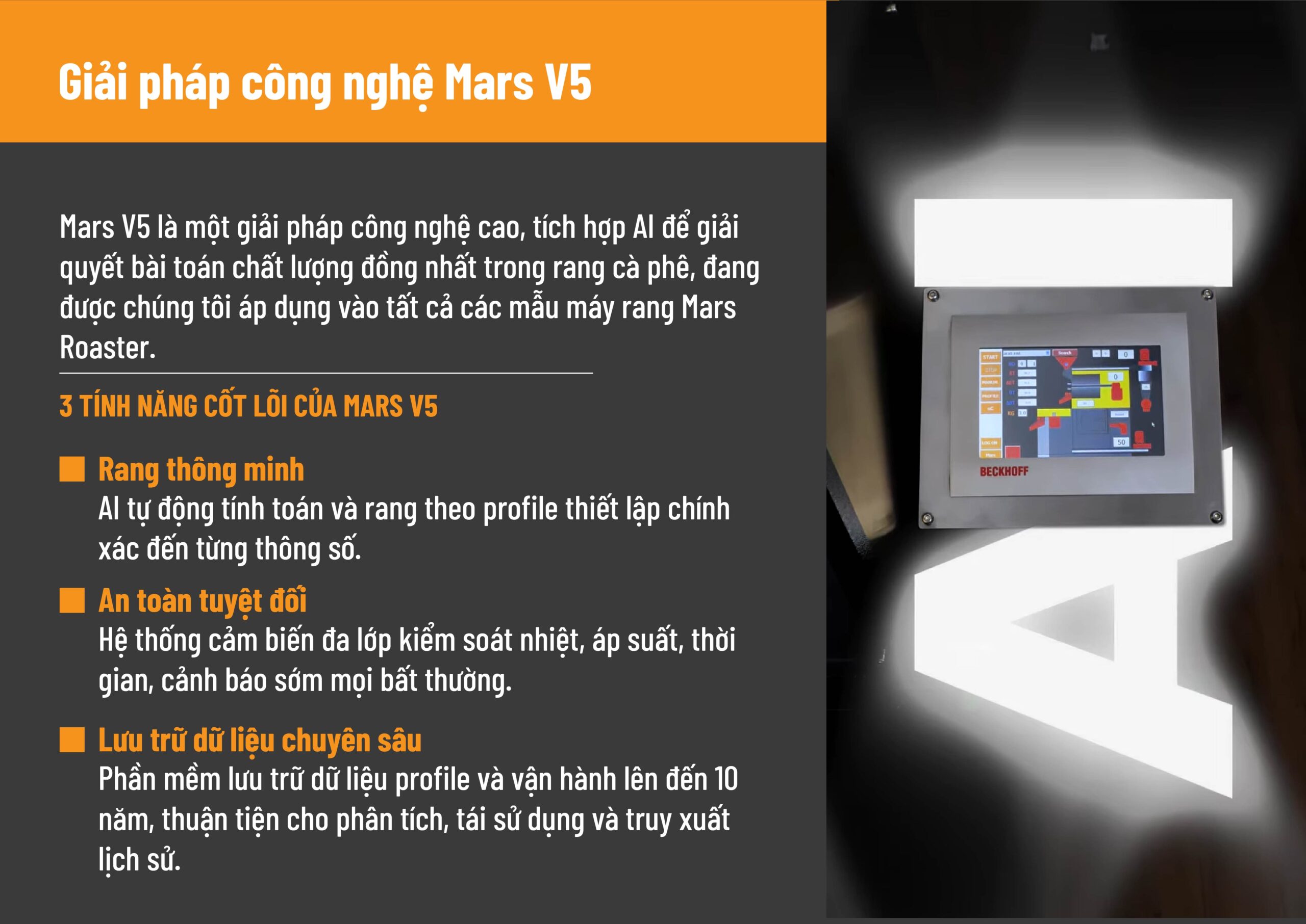 Khám phá 3 tính năng cốt lõi của công nghệ MARS V5 giúp tối ưu quy trình rang cà phê, kiểm soát chất lượng và nâng cao hiệu suất vận hành.